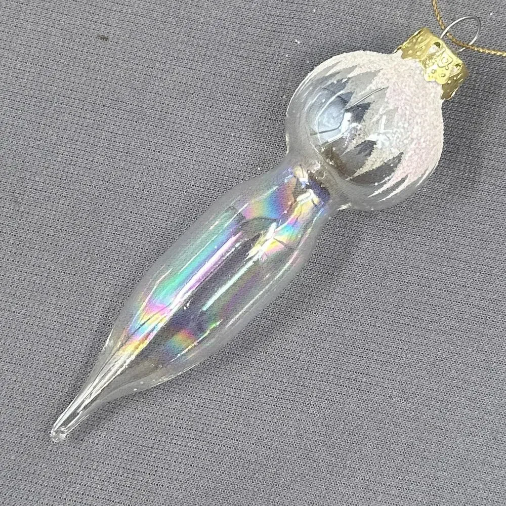 VTG Blown Glass Icicle Christmas Ornaments Clear Iridescent Glitter 4 pc Glam